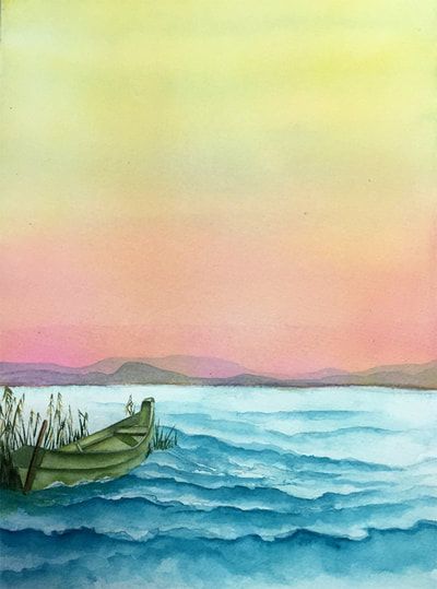 Seascape, wooden boat, sunset, watercolor