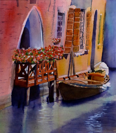 Venice, wooden boat, artist, water, Venetian canal, watercolor, painter, shutters, balcony