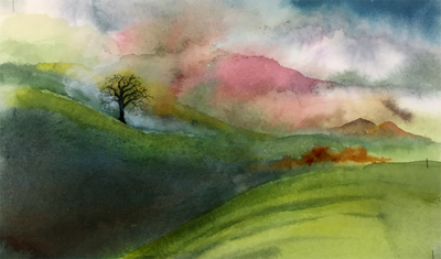 green hills, watercolor, ink, landscape, 