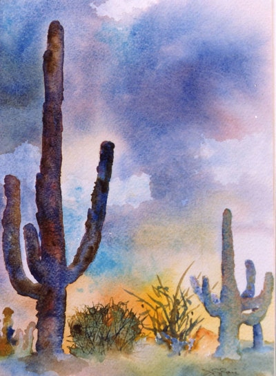 cactus, southwest, watercolor, clouds, landscape