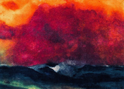 Emil Nolde, bright colors, landscape, brilliant sky, red, yellow, orange, blues, watercolor