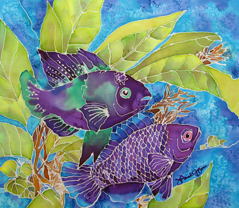 silk painting, fish, colorful fish, underwater