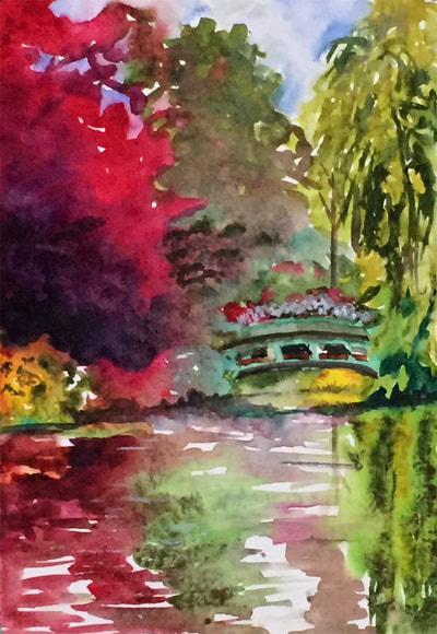 Giverny, France, bridge, landscape, impressionistic, watercolor