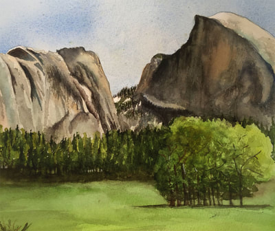 Cooks meadow, Half Dome, Yosemite, watercolor, landscape