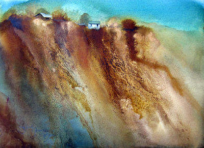 hillsides, houses, mixed media, watercolor, acrylic inks, landscape