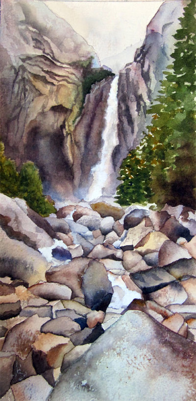 Lower Yosemite Falls, Yosemite National Park, watercolor, landscape, waterfall