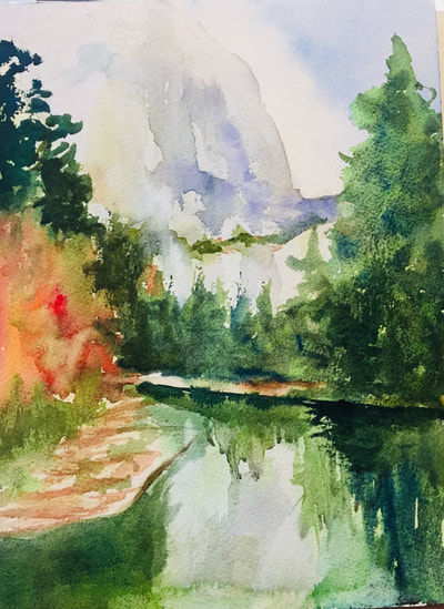 Merced River, Yosemite Valley, watercolor, landscape, trees, reflections