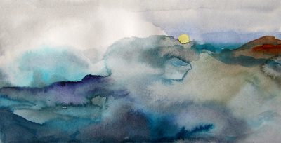 moonset, sea, wet into wet, blues, watercolor, seascape