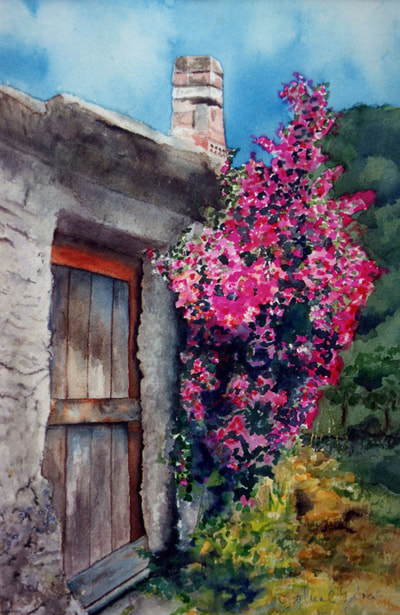 old wooden door, watercolor, bougainvilla, landscape, painter, artist, watercolor