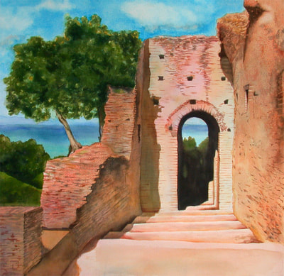 Sirmione, Roman Ruins, Italy, landscape, watercolor