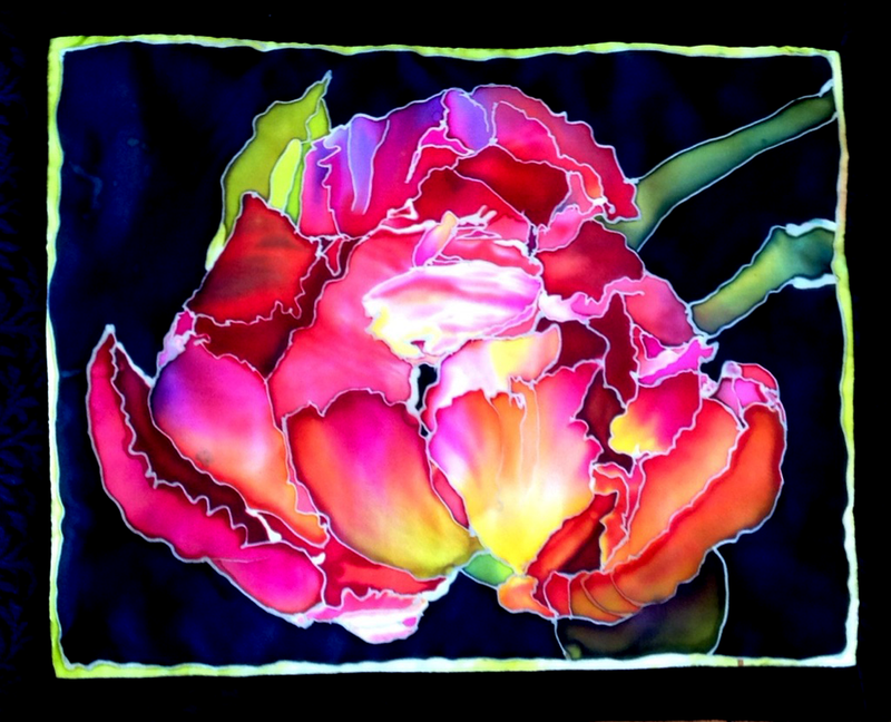 silk painting, bright colors, pinks and reds, tulip on silk, tulip