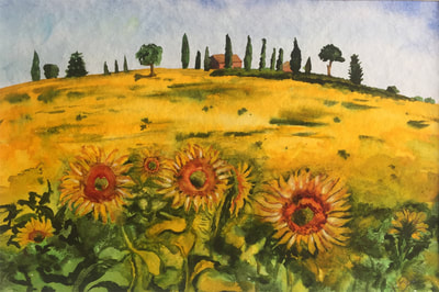 golden fields of sunflowers, Tuscany, landscape, watercolor