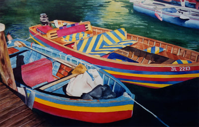 tour boats, wooden boats, watercolor, Italy, Sirmione, seascape