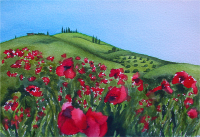 red poppies, Tuscany, Italy, landscape, watercolor