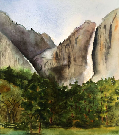 Yosemite Falls, waterfall, watercolor, landscape