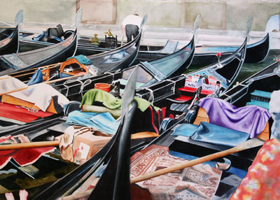 gondolas, Venice, Venezia, watercolor, wooden boats, Italian taxis, 
