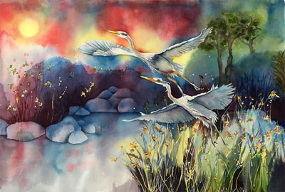 great white herons, landscape, seascape, watercolor