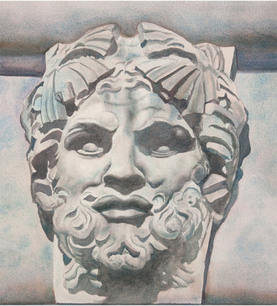 mythological Zeus, stone relief, watercolor, stone head, Italy